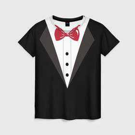 Женская футболка 3D с принтом Смокинг в Петрозаводске, 100% полиэфир ( синтетическое хлопкоподобное полотно) | прямой крой, круглый вырез горловины, длина до линии бедер | бабочка | галстук | джентльмен | костюм | смокинг