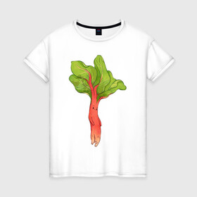 Женская футболка хлопок с принтом Ревень в Петрозаводске, 100% хлопок | прямой крой, круглый вырез горловины, длина до линии бедер, слегка спущенное плечо | арт | зелень | красный | мило | милота | овощ | овощи | ревень | рисунок | свежие овощи | свежий овощ | свежий продукт