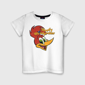 Детская футболка хлопок с принтом Дятел Вуди потертый логотип в Петрозаводске, 100% хлопок | круглый вырез горловины, полуприлегающий силуэт, длина до линии бедер | animals | cartoon | character | head | laughter | woody woodpecker | дятел вуди | животные | мультики | персонаж | смех