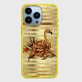 Чехол для iPhone 13 Pro с принтом Золотой фламинго и цветок в Петрозаводске,  |  | Тематика изображения на принте: драгоценный | золотистый | золото | пион | полоски | птица | серебристый | серебро | фламинго | цветок | цветочный | цветы
