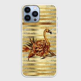 Чехол для iPhone 13 Pro Max с принтом Золотой фламинго и цветок в Петрозаводске,  |  | Тематика изображения на принте: драгоценный | золотистый | золото | пион | полоски | птица | серебристый | серебро | фламинго | цветок | цветочный | цветы