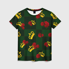 Женская футболка 3D с принтом Короны и розы в Петрозаводске, 100% полиэфир ( синтетическое хлопкоподобное полотно) | прямой крой, круглый вырез горловины, длина до линии бедер | зеленая клетка | золото | квадрат | королева | король | корона | красный | полосы | роза | сетка | узор | цветок | шахматная доска | шахматы