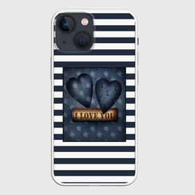 Чехол для iPhone 13 mini с принтом Я тебя люблю в Петрозаводске,  |  | влюбленным | для любимого | любовь | полосатый узор | ретро | сердце | синий | темно синий