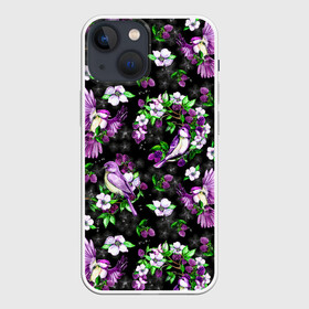 Чехол для iPhone 13 mini с принтом Птички в вечернем саду в Петрозаводске,  |  | акварель | акварельный | вечер | вечерний | ежевика | ежевичка | звездочки | звезды | птицы | птички | темный | цветочный | цветы | ягодки | ягоды