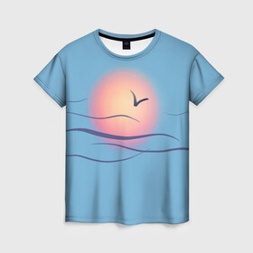 Женская футболка 3D с принтом Солнечный шар в Петрозаводске, 100% полиэфир ( синтетическое хлопкоподобное полотно) | прямой крой, круглый вырез горловины, длина до линии бедер | sea | sun | закат | море | небо | птицы | солнце | чайки