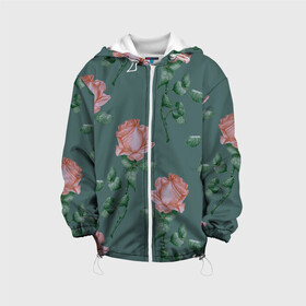 Детская куртка 3D с принтом Красные розы на зеленом фоне в Петрозаводске, 100% полиэстер | застежка — молния, подол и капюшон оформлены резинкой с фиксаторами, по бокам — два кармана без застежек, один потайной карман на груди, плотность верхнего слоя — 90 г/м2; плотность флисового подклада — 260 г/м2 | Тематика изображения на принте: 8 марта | flowers | march 8 | spring | ботаническая иллюстрация | весна | день рождения | зеленый | красный | лето | любовь | праздник | принт | природа | растения | роза | цветы