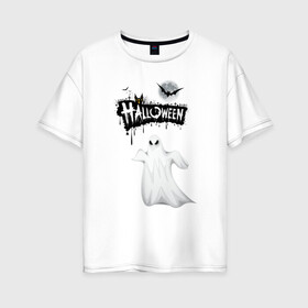 Женская футболка хлопок Oversize с принтом праздник HALLOWEEN в Петрозаводске, 100% хлопок | свободный крой, круглый ворот, спущенный рукав, длина до линии бедер
 | летучая мышь | приведения | старинный замок