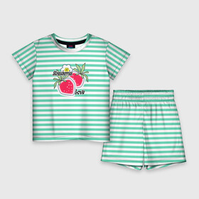 Детский костюм с шортами 3D с принтом Цветы и ягоды земляники в Петрозаводске,  |  | детский | зеленый | земляника | красный | малышам | полосатый | современный | цветы | ягодный паттерн | ягоды