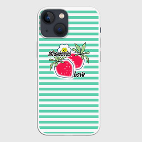 Чехол для iPhone 13 mini с принтом Цветы и ягоды земляники в Петрозаводске,  |  | детский | зеленый | земляника | красный | малышам | полосатый | современный | цветы | ягодный паттерн | ягоды