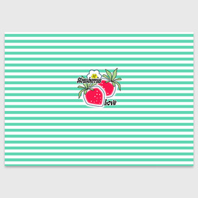 Поздравительная открытка с принтом Цветы и ягоды земляники  в Петрозаводске, 100% бумага | плотность бумаги 280 г/м2, матовая, на обратной стороне линовка и место для марки
 | детский | зеленый | земляника | красный | малышам | полосатый | современный | цветы | ягодный паттерн | ягоды