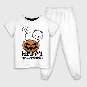 Детская пижама хлопок с принтом Kitten & Pumpkin в Петрозаводске, 100% хлопок |  брюки и футболка прямого кроя, без карманов, на брюках мягкая резинка на поясе и по низу штанин
 | cat | ears | eyes | halloween | holiday | jaw | kitten | moustache | nose | paws | pumpkin | smile | tail | teeth | глаза | зубы | кот | котёнок | кошка | лапы | нос | праздник | тыква | улыбка | усы | уши | хвост | хэллоуин