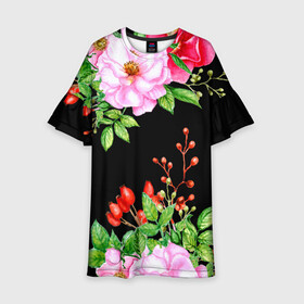 Детское платье 3D с принтом Цветущий шиповник на черном в Петрозаводске, 100% полиэстер | прямой силуэт, чуть расширенный к низу. Круглая горловина, на рукавах — воланы | акварель | акварельный | вечерний | женственная | женственный | листья | плоды | цветочки | цветочный | цветы | черный | шиповник | ягоды