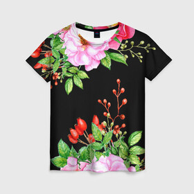 Женская футболка 3D с принтом Цветущий шиповник на черном в Петрозаводске, 100% полиэфир ( синтетическое хлопкоподобное полотно) | прямой крой, круглый вырез горловины, длина до линии бедер | акварель | акварельный | вечерний | женственная | женственный | листья | плоды | цветочки | цветочный | цветы | черный | шиповник | ягоды