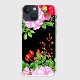 Чехол для iPhone 13 mini с принтом Цветущий шиповник на черном в Петрозаводске,  |  | акварель | акварельный | вечерний | женственная | женственный | листья | плоды | цветочки | цветочный | цветы | черный | шиповник | ягоды