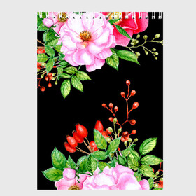Скетчбук с принтом Цветущий шиповник на черном в Петрозаводске, 100% бумага
 | 48 листов, плотность листов — 100 г/м2, плотность картонной обложки — 250 г/м2. Листы скреплены сверху удобной пружинной спиралью | акварель | акварельный | вечерний | женственная | женственный | листья | плоды | цветочки | цветочный | цветы | черный | шиповник | ягоды
