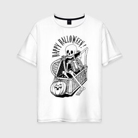 Женская футболка хлопок Oversize с принтом The skeleton in the chest в Петрозаводске, 100% хлопок | свободный крой, круглый ворот, спущенный рукав, длина до линии бедер
 | Тематика изображения на принте: bones | chest | halloween | holiday | pumpkin | skeleton | skull | кости | скелет | сундук | тыква | хэллоуин | череп