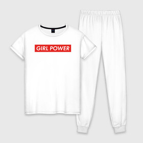 Женская пижама хлопок с принтом GIRL POWER в Петрозаводске, 100% хлопок | брюки и футболка прямого кроя, без карманов, на брюках мягкая резинка на поясе и по низу штанин | girl power | grl pwr | suprime | девушка | девушки | женская сила | женщина | матриархат | рулят | свобода | сила | суприм | феминизм