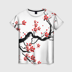Женская футболка 3D с принтом САКУРА ЦВЕТЁТ И БЛАГАУХАЕТ в Петрозаводске, 100% полиэфир ( синтетическое хлопкоподобное полотно) | прямой крой, круглый вырез горловины, длина до линии бедер | Тематика изображения на принте: ветвь | дерево | сакура | цветы | япония