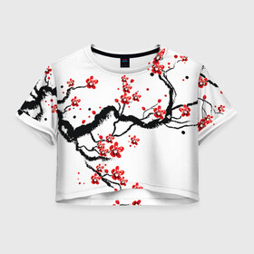 Женская футболка Crop-top 3D с принтом САКУРА ЦВЕТЁТ И БЛАГАУХАЕТ в Петрозаводске, 100% полиэстер | круглая горловина, длина футболки до линии талии, рукава с отворотами | Тематика изображения на принте: ветвь | дерево | сакура | цветы | япония