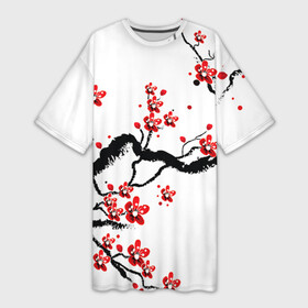 Платье-футболка 3D с принтом САКУРА ЦВЕТЁТ И БЛАГАУХАЕТ в Петрозаводске,  |  | Тематика изображения на принте: ветвь | дерево | сакура | цветы | япония