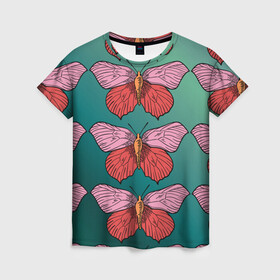 Женская футболка 3D с принтом Зеленый принт с бабочками :) в Петрозаводске, 100% полиэфир ( синтетическое хлопкоподобное полотно) | прямой крой, круглый вырез горловины, длина до линии бедер | бабочки | градиент | графический | грустный | зеленый | меланхолия | насекомые | ретро | розовый | странный