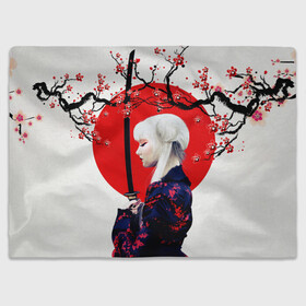 Плед 3D с принтом НАД ВЕТВЯМИ САКУРЫ в Петрозаводске, 100% полиэстер | закругленные углы, все края обработаны. Ткань не мнется и не растягивается | ветви | девушка | катана | кунаичи | сакура | самурай | солнце | флаг | япония