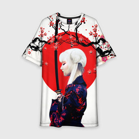 Детское платье 3D с принтом НАД ВЕТВЯМИ САКУРЫ в Петрозаводске, 100% полиэстер | прямой силуэт, чуть расширенный к низу. Круглая горловина, на рукавах — воланы | ветви | девушка | катана | кунаичи | сакура | самурай | солнце | флаг | япония