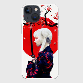 Чехол для iPhone 13 mini с принтом НАД ВЕТВЯМИ САКУРЫ в Петрозаводске,  |  | ветви | девушка | катана | кунаичи | сакура | самурай | солнце | флаг | япония