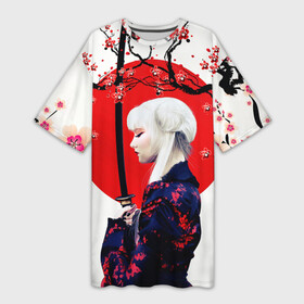 Платье-футболка 3D с принтом НАД ВЕТВЯМИ САКУРЫ в Петрозаводске,  |  | ветви | девушка | катана | кунаичи | сакура | самурай | солнце | флаг | япония