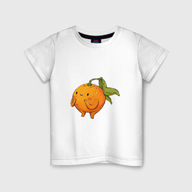 Детская футболка хлопок с принтом Мандаринчик в Петрозаводске, 100% хлопок | круглый вырез горловины, полуприлегающий силуэт, длина до линии бедер | Тематика изображения на принте: арт | мило | милота | рисунок | свежие фрукты | свежий продукт | свежий фрукт | фрукт | фрукты