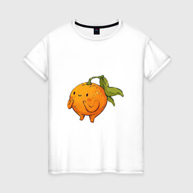 Женская футболка хлопок с принтом Мандаринчик в Петрозаводске, 100% хлопок | прямой крой, круглый вырез горловины, длина до линии бедер, слегка спущенное плечо | арт | мило | милота | рисунок | свежие фрукты | свежий продукт | свежий фрукт | фрукт | фрукты