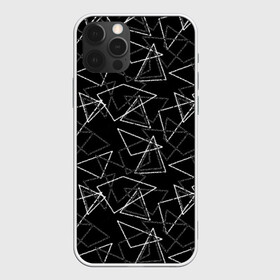 Чехол для iPhone 12 Pro с принтом Черно-белый геометрический  в Петрозаводске, силикон | область печати: задняя сторона чехла, без боковых панелей | абстрактный | геометрические фигуры | монохромный | мужской | треугольники | черный и белый | черный фон