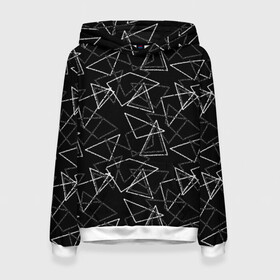 Женская толстовка 3D с принтом Черно-белый геометрический  в Петрозаводске, 100% полиэстер  | двухслойный капюшон со шнурком для регулировки, мягкие манжеты на рукавах и по низу толстовки, спереди карман-кенгуру с мягким внутренним слоем. | абстрактный | геометрические фигуры | монохромный | мужской | треугольники | черный и белый | черный фон