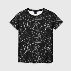 Женская футболка 3D с принтом Черно-белый геометрический  в Петрозаводске, 100% полиэфир ( синтетическое хлопкоподобное полотно) | прямой крой, круглый вырез горловины, длина до линии бедер | абстрактный | геометрические фигуры | монохромный | мужской | треугольники | черный и белый | черный фон
