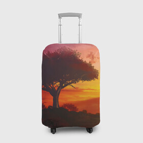 Чехол для чемодана 3D с принтом СОЛНЦЕ НАД АФРИКОЙ в Петрозаводске, 86% полиэфир, 14% спандекс | двустороннее нанесение принта, прорези для ручек и колес | африка | дерево | живопись | облака | пейзаж | рассвет | рисунок | саванна