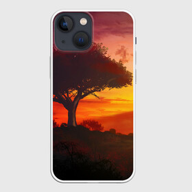 Чехол для iPhone 13 mini с принтом СОЛНЦЕ НАД АФРИКОЙ в Петрозаводске,  |  | африка | дерево | живопись | облака | пейзаж | рассвет | рисунок | саванна