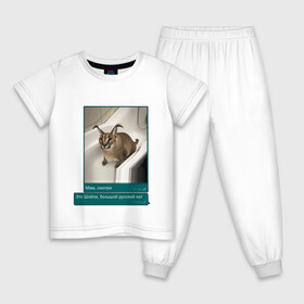 Детская пижама хлопок с принтом Шлёпа в Петрозаводске, 100% хлопок |  брюки и футболка прямого кроя, без карманов, на брюках мягкая резинка на поясе и по низу штанин
 | Тематика изображения на принте: каракал | кот | мемы | русский кот | рысь | шлёпа
