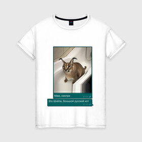 Женская футболка хлопок с принтом Шлёпа в Петрозаводске, 100% хлопок | прямой крой, круглый вырез горловины, длина до линии бедер, слегка спущенное плечо | каракал | кот | мемы | русский кот | рысь | шлёпа