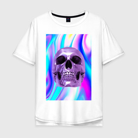 Мужская футболка хлопок Oversize с принтом Skull abstraction в Петрозаводске, 100% хлопок | свободный крой, круглый ворот, “спинка” длиннее передней части | абстракция | блестки | блестящий фон | металлический цвет | скулы | стильный принт | череп | яркий принт