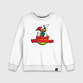 Детский свитшот хлопок с принтом Дятел Вуди лого в Петрозаводске, 100% хлопок | круглый вырез горловины, эластичные манжеты, пояс и воротник | animals | cartoon | character | head | laughter | logo | woody woodpecker | дятел вуди | животные | лого | мультики | персонаж | смех