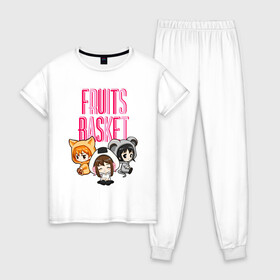 Женская пижама хлопок с принтом FRUITS BASKET / ГЛАВНЫЕ ГЕРОИ в Петрозаводске, 100% хлопок | брюки и футболка прямого кроя, без карманов, на брюках мягкая резинка на поясе и по низу штанин | anime | fruits basket | kyokyo | kyonkichi | kyonkyon | lucky kyou. | prince yuki | tooru honda | аниме | кё сома | корзинка фруктов | тору хонда | юки сома