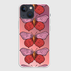 Чехол для iPhone 13 mini с принтом Розовый принт с бабочками в Петрозаводске,  |  | бабочки | градиент | грустый | меланхолия | мотылек | насекомые | розовый | цветочки