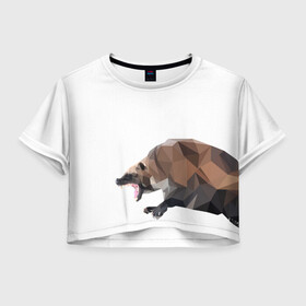 Женская футболка Crop-top 3D с принтом Росомаха в Петрозаводске, 100% полиэстер | круглая горловина, длина футболки до линии талии, рукава с отворотами | животное | зверь | злость | куница | медведь | милое животное | полигональный | росомаха | собака