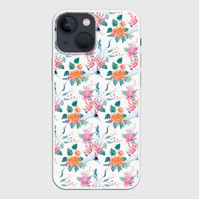 Чехол для iPhone 13 mini с принтом Журавли и хризантемы в Петрозаводске,  |  | журавли | паттерн | хризантемы | цапля | цветы