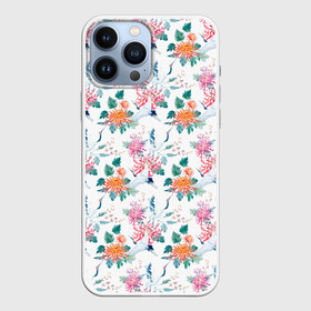 Чехол для iPhone 13 Pro Max с принтом Журавли и хризантемы в Петрозаводске,  |  | Тематика изображения на принте: журавли | паттерн | хризантемы | цапля | цветы
