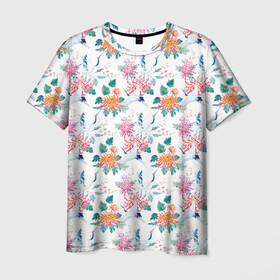 Мужская футболка 3D с принтом Журавли и хризантемы в Петрозаводске, 100% полиэфир | прямой крой, круглый вырез горловины, длина до линии бедер | журавли | паттерн | хризантемы | цапля | цветы