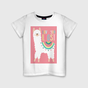 Детская футболка хлопок с принтом Милашка лама в Петрозаводске, 100% хлопок | круглый вырез горловины, полуприлегающий силуэт, длина до линии бедер | kawaii | pink | домашние животные | звери | лама | мило | надпись | пончо | радуга | розовый | румяна | ферма | фермерские животные