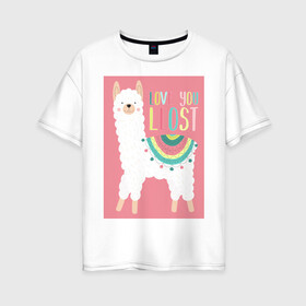 Женская футболка хлопок Oversize с принтом Милашка лама в Петрозаводске, 100% хлопок | свободный крой, круглый ворот, спущенный рукав, длина до линии бедер
 | kawaii | pink | домашние животные | звери | лама | мило | надпись | пончо | радуга | розовый | румяна | ферма | фермерские животные
