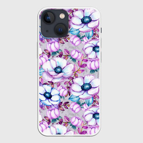 Чехол для iPhone 13 mini с принтом Анемоны   цветочный ковер в Петрозаводске,  |  | акварель | акварельный | анемон | анемоны | ковер | листья | сиреневый | цветочки | цветочный | цветы