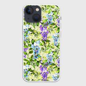 Чехол для iPhone 13 mini с принтом Глициния на бежевом фоне в Петрозаводске,  |  | акварель | акварельный | беж | бежевый | глициния | женственная | женственный | листва | листья | сад | цветочки | цветочный | цветы